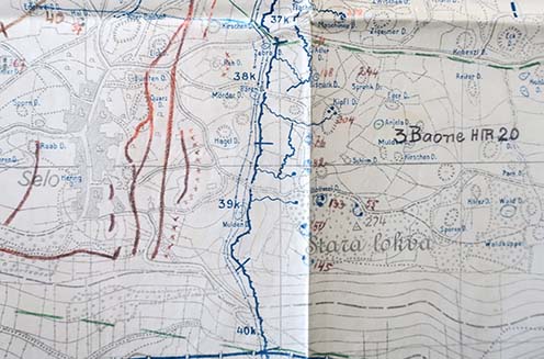 A m. kir. nagykanizsai 20. honvéd gyalogezred 38k, 39k és 40k védőszakaszokból álló állásai Selo előtt 1917 szeptemberének elején. A dolinák és kavernák mellett vörösesbarnával az azokban elhelyezhető létszámot jelölték