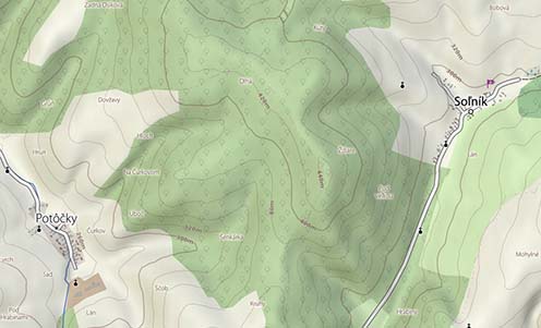 Az Érfalu (Potôčky) és Szálnok (Soľník) közötti terület mai domborzati térképe