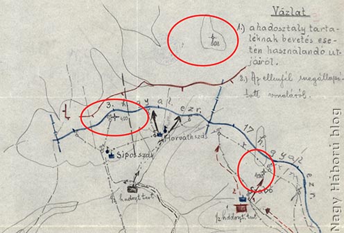 Az állások vonala és a környék meghatározó magaslatai a 20. honvéd hadosztály vázlatán
