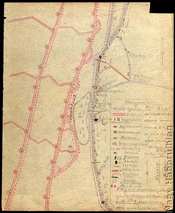 Az állások robbantás előtti állapota. Kókay László vázlata a szegedi 46-os gyalogezred 6. százada jobb szárnyának állásairól San Martino del Carso előtt 1916 áprilisában