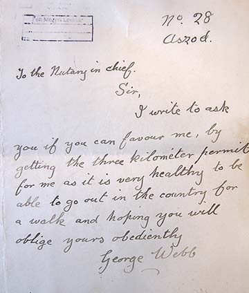 Az Aszódon őrzött George Webb internált angol állampolgár által az aszódi járás főszolgabírájához írt folyamodvány a településen történő napi séta engedélyezése tárgyában