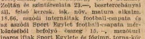 Az internáltak futballcsapata mérkőzést játszott a helyi Sport Egylettel. A mérkőzés bevételének egy részét, 15 koronát, a háborúban megvakult magyar katonák javára ajánlották fel a felek. Arról sajnos nem szól a forrás, ki nyerte a mérkőzést