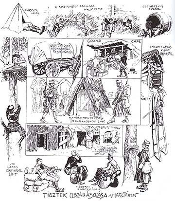 Tisztek elszállásolása a harctéren. A Borsszem Jankó karikatúrája 1914 decemberéből
