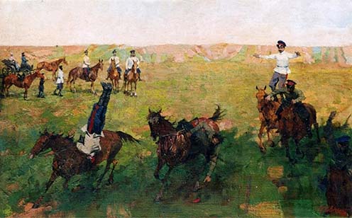 Dzsigitovka a kozákok lovas kiképzése során egy 19. századi festményen