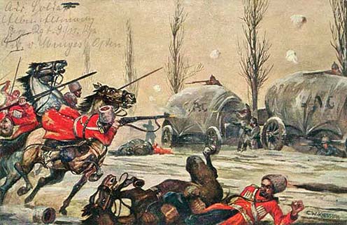 Kozák lovas bravúr egy német trén megtámadása során  egy korabeli képeslapon