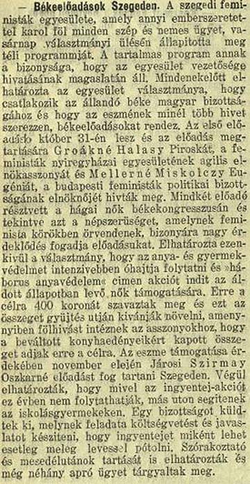 Békeelőadások Szegeden. Szegedi Napló, 1915. október 19.