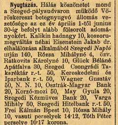 A Szeged és Vidéke 1918. július 5-ei híradása a betegnyugvó állomás részére tett adományokról