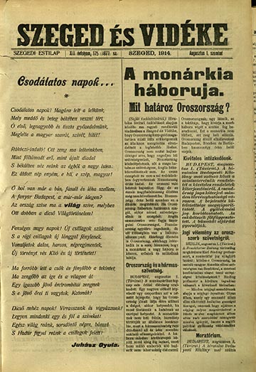 Juhász Gyula verse a Szeged és Vidéke 1914. augusztus 1-jei számában