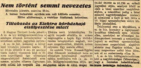 A Friss Ujság cikke az Elektra kórházhajó megtorpedózásáról. A tudósítás címével ellentétben a hajó nem süllyedt el