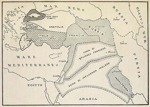 Törökország felosztása a Saint Jean de Maurianne-i megállapodás alapján Olaszországnak szánt területek jelölésével