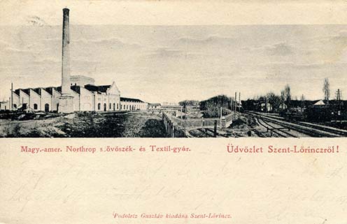 A Northrop szövőgyár telepe a vasút mellett, képeslap