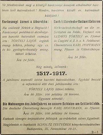Törteli Lajos lelkész írásainak hirdetése az Evangélikus Őrálló című lap 1917. december 15-i számában