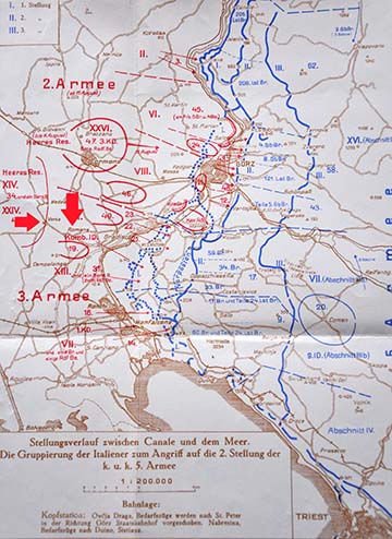Harctéri helyzet 1916 nyarán az Isonzó alsó folyásánál a két település jelölésével