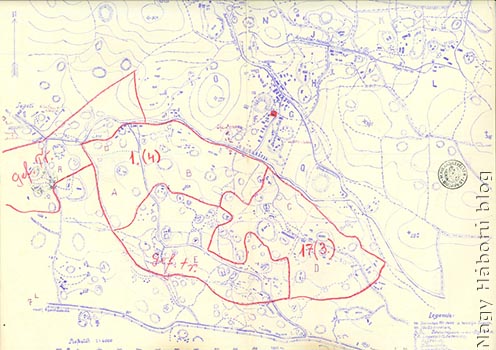 Skica tabora spomladi 1916; na južnem delu so označeni deli tabora, ki so ga izmenjujoče zasedali polki 20. madžarsko-kraljeve divizije, in območja trenskih taborov
