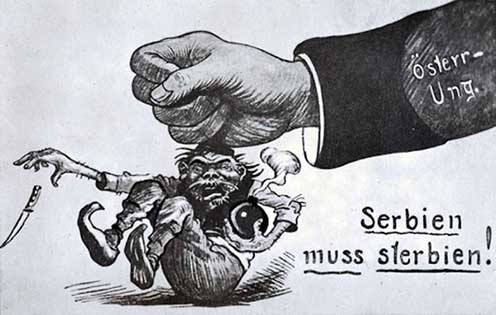„Szerbiának pusztulnia kell!” – osztrák–magyar propagandarajz 1914-ből