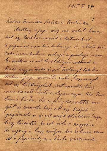 Az 1915. január 27-én kelt levél első oldala