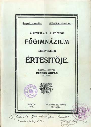 A zentai gimnázium 1915/16-os tanévre vonatkozó értesítőjének borítója