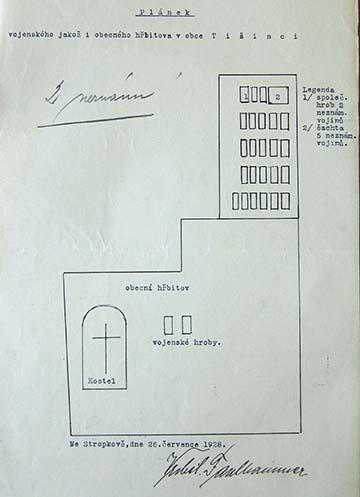 A temető 1928-ban készült vázlata, amelyen a polgári temetőben található két katonai sír is szerepel