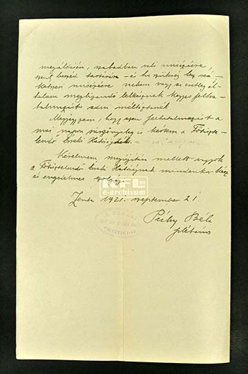 Péchy Béla zentai plébánosnak a kalocsai Érseki Szentszékhez intézett, 1921. szeptember 21-ei levele a Csépe-kereszt ügyében