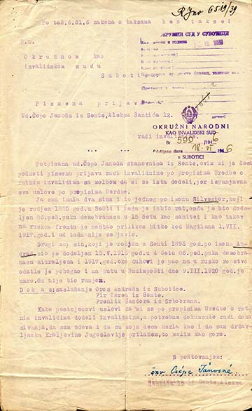 Özv. Csépe Jánosné 1939-es beadványa a jugoszláv hatóságokhoz, amellyel hadigondozási segély folyósítását kéri