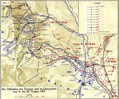 A Focsani és az Ojtozi-szoros környékén folyt csata térképén a bal felső sarokban látható a 39. honvéd gyaloghadosztály és az Úz völgye.