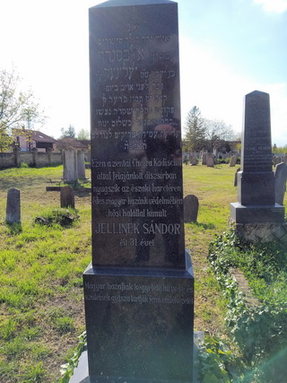 Jellinek Sándor (1887-1915) gyalogos síremléke a zentai zsidó temetőben, felirata: „Ezen a zentai Chevra Kadischa által felajánlott díszsírban nyugszik az északi harctéren édes magyar hazánk védelmében hősi halállal kimúlt Jellinek Sándor élt 31 évet. Magyar hazafiak kegyelete, hitvese és szüleinek gyásza tartják fenn emlékezetét.”