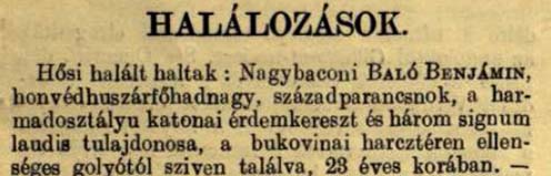 Baló Benjámin halálhíre a Vasárnapi Újság 1917. szeptember 2-i számában