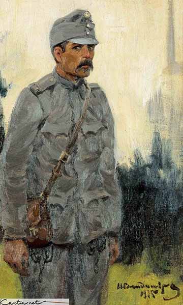Ivan Vlagyimirov, csataképfestő képe: Magyar katona, 1915