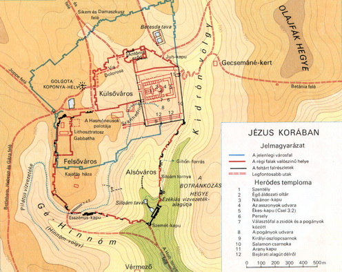 Jeruzsálem és környéke a Kr. u. 1. században (Jézus keresztútja, a Via Dolorosa a város északi részén látható)