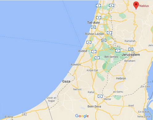 Bajusz Antal palesztinai kálváriájának állomásai a Google maps mai térképén: Nablusz, Jeruzsálem, attól délre Hebron és a bal alsó sarokban El-Arish.