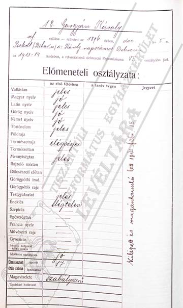 A Református Főgimnázium 1908-1909-es főnévkönyvének egy lapja