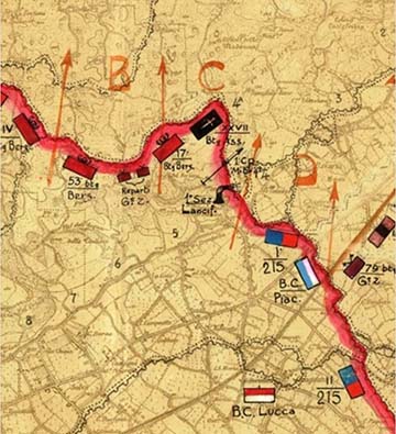 Particolare di una mappa italiana sul territorio. L’area indicata con il rettangolo nero contenente un pugnale era la zona d’attacco del XXVII° battaglione d’assalto