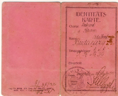 Ábra Budaházy Béla hadnagy személyi igazolványának első lapja. 1918. szeptember 26-án állították ki Königgrätzben