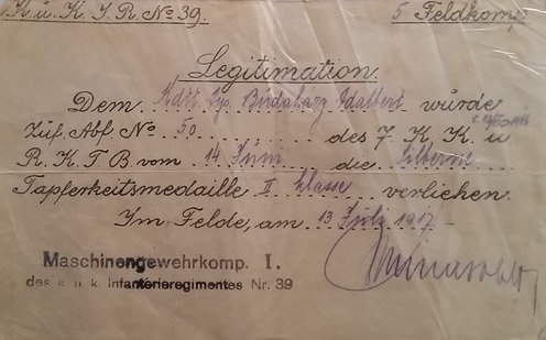 A II. osztályú Ezüst Vitézségi Érem viselésére jogosító, 1917. július 13-án kiállított igazolás