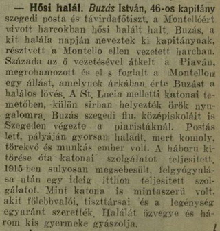 A Délmagyarország 1918. július 7-ei számának tudósítása Buzás István főhadnagy haláláról