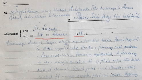 Búzás István főhadnagy halála körülményeinek a vizsgálatáról 1918. június 24-én Santa Luciában felvett jegyzőkönyv részlete