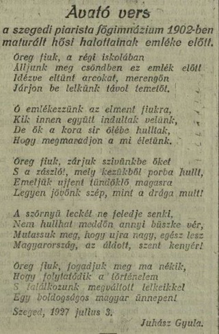 Juhász Gyula Avató vers című költeménye a Délmagyarország 1927. július 5-ei számából