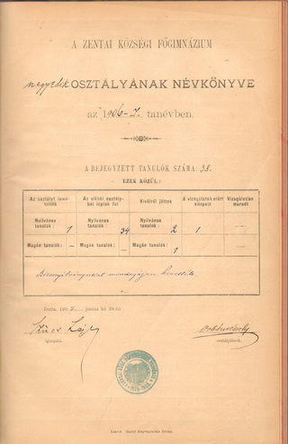 A zentai községi főgimnázium negyedik osztályának osztályában névkönyve az 1906/07-es tanévben Cseh Károly adataival