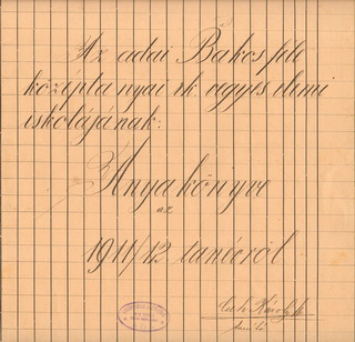 Az adai Bakos-féle középtanyai r. k. vegyes elemi iskola 1911/12-es iskolaévre vonatkozó anyakönyvének borítója, Cseh Károly tanító aláírásával