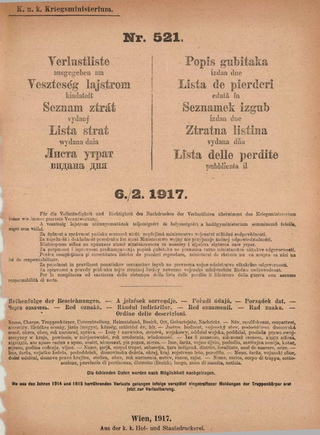 Az 1917. február 6-ai 521-es számú Veszteség lajstrom, amelyben nyilvánosságra hozták Cseh Károly hadifogságba kerülését