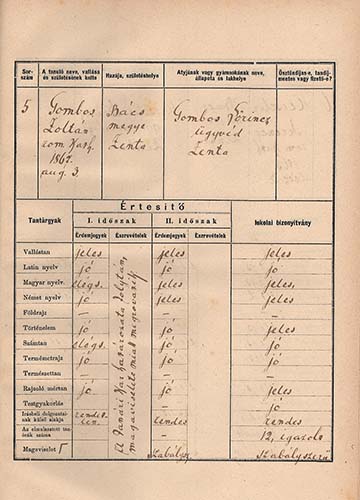 A negyedik osztályos Gombos Zoltán bejegyzése a Zentai Gimnázium névkönyvébe az 1879/80-as tanévben