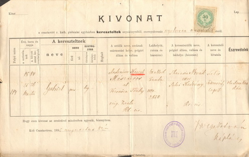 Keczeli Mészáros Gábor születési/keresztelési anyakönyvi kivonata