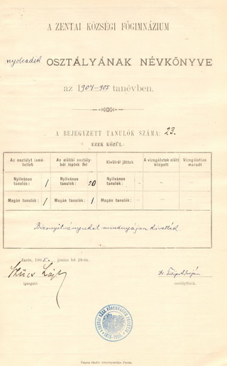 A zentai községi főgimnázium nyolcadik osztályának névkönyve az 1904/05-ös tanévben Keczeli Mészáros Gábor adataival