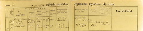 Keczeli Mészáros Gábor és Mendli Ilona 1911-es házasságkötésének bejegyzése a zentai Szt. István plébánia anyakönyvébe