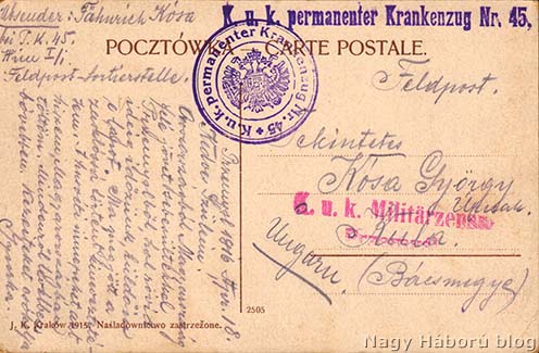A cs. és kir. 45. sz. kórházvonat pecsétlenyomatai Kósa György Przemyślből küldött képeslapjának hátoldalán
