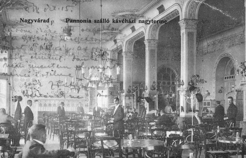 A nagyváradi Pannónia szálló kávéházának nagyterme egy korabeli képeslapon