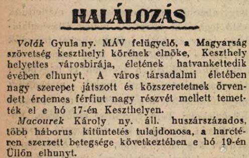 Halálhíre a Magyarság 1932. április 29-i számában