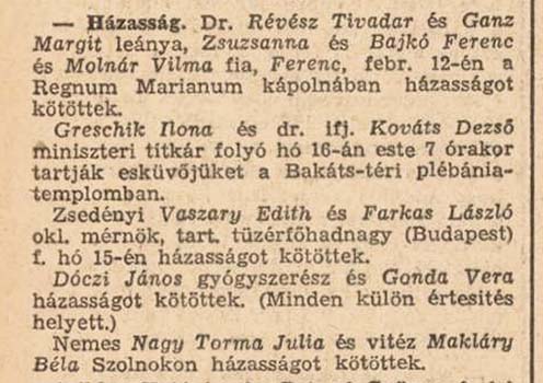 Házasságkötésük híre a Pesti Hírlap 1941. február 16-ai számában