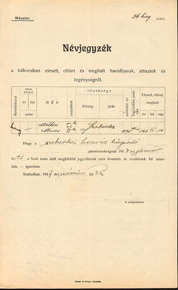 Az 1917. március 25-ei hadifogoly névjegyzék Melkay Álmos adataival