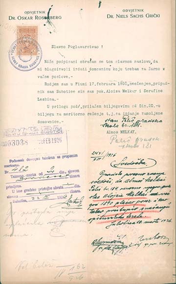 Melkay Álmos által 1926-ban a szabadkai városi előjárósághoz benyújtott kérvény, honossága megállapítása tárgyában